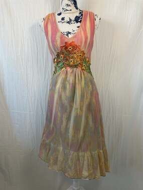 Vintage One World Y2K Mesh Fairycore Asymmetrical Dress w/Floral Embroidery Sz M